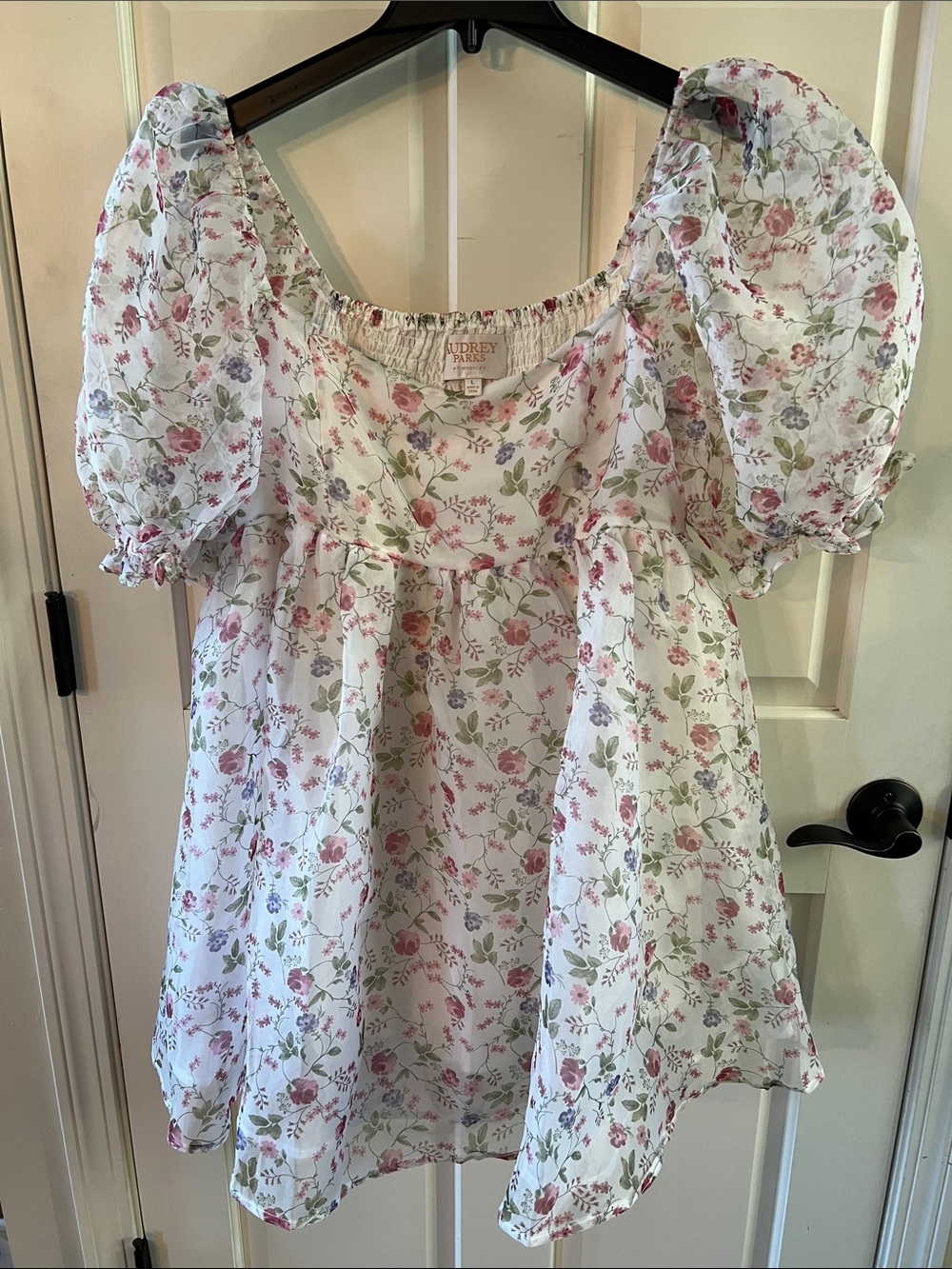 Audrey Park for Francesca’s Floral Puff Sleeve Babydoll Mini Dress Pink Garden
